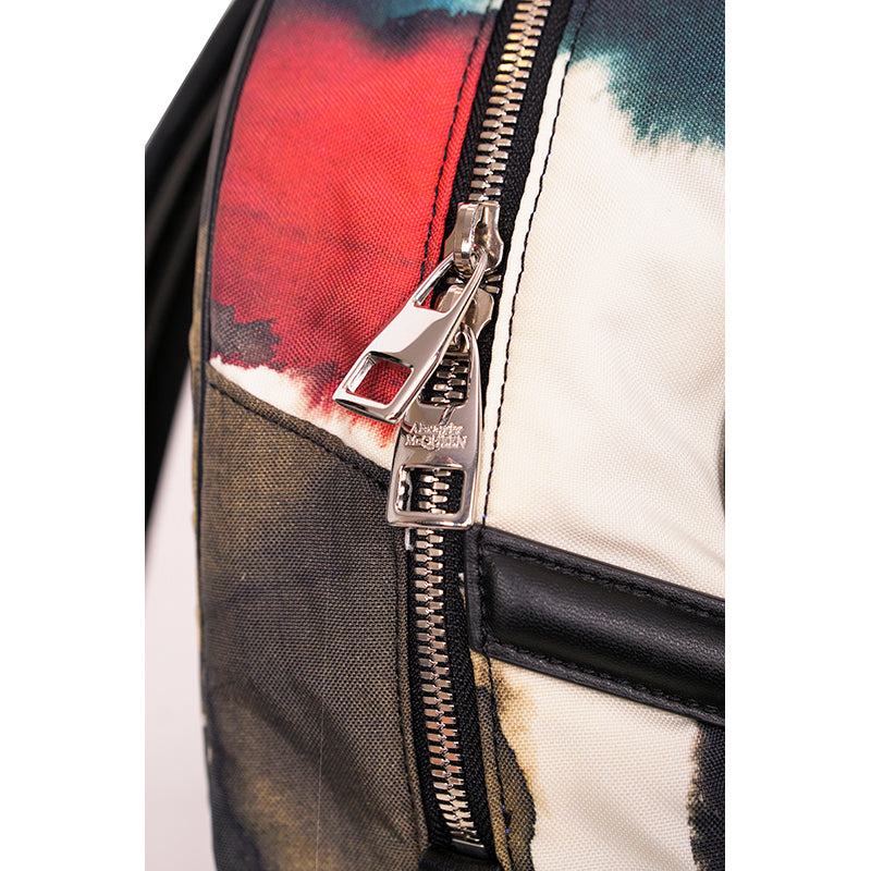 NEW $1690 ALEXANDER MCQUEEN Watercolor Print HARNESS LEATHER Canvas BACKPACK BAG