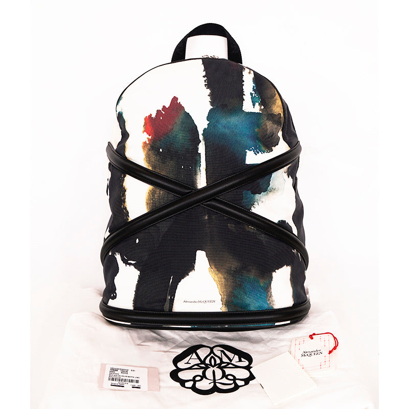 NEW $1690 ALEXANDER MCQUEEN Watercolor Print HARNESS LEATHER Canvas BACKPACK BAG