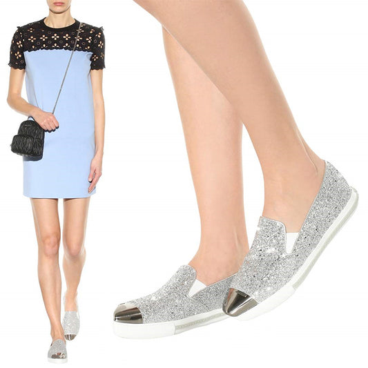 39.5 NEW $925 MIU MIU Womans Silver GLITTER METAL CAP TOP Slip on Skate SNEAKERS