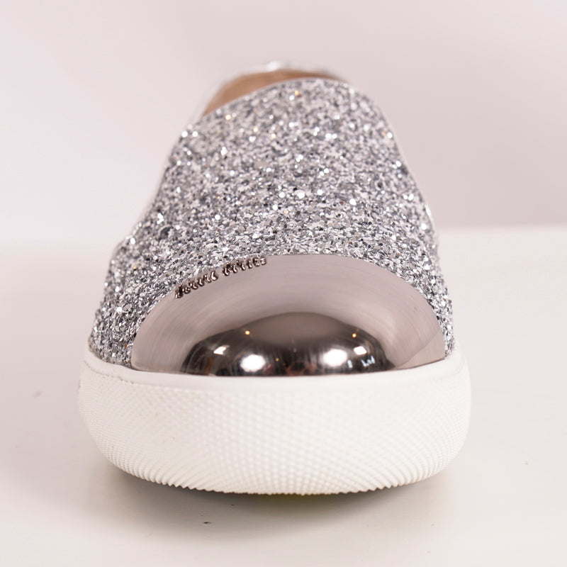 39.5 NEW $925 MIU MIU Womans Silver GLITTER METAL CAP TOP Slip on Skate SNEAKERS