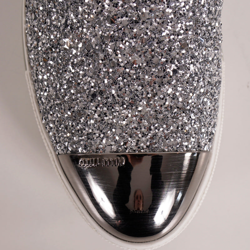 39.5 NEW $925 MIU MIU Womans Silver GLITTER METAL CAP TOP Slip on Skate SNEAKERS