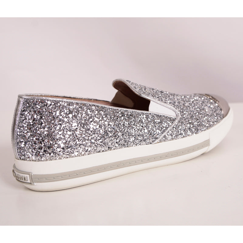 39.5 NEW $925 MIU MIU Womans Silver GLITTER METAL CAP TOP Slip on Skate SNEAKERS
