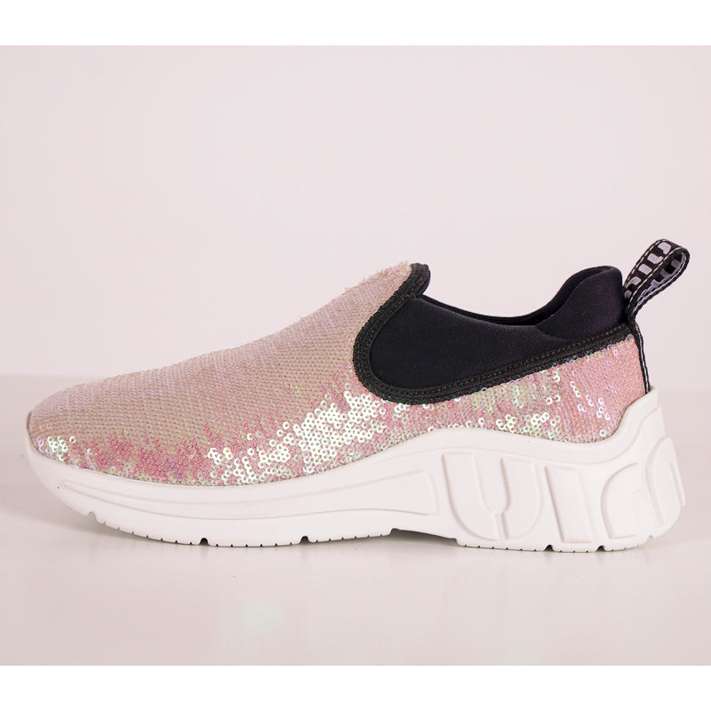 sz 37.5 NEW $925 MIU MIU Pink SEQUIN Neoprene BOLD LOGO HEEL Slip on SNEAKERS