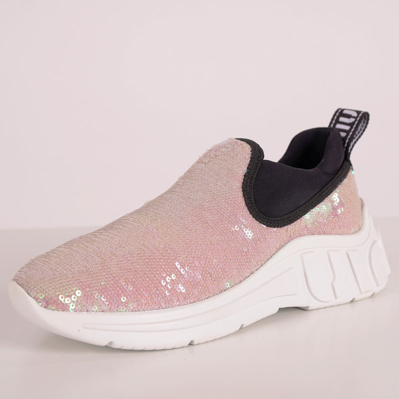 sz 37.5 NEW $925 MIU MIU Pink SEQUIN Neoprene BOLD LOGO HEEL Slip on SNEAKERS