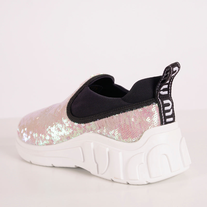 sz 37.5 NEW $925 MIU MIU Pink SEQUIN Neoprene BOLD LOGO HEEL Slip on SNEAKERS