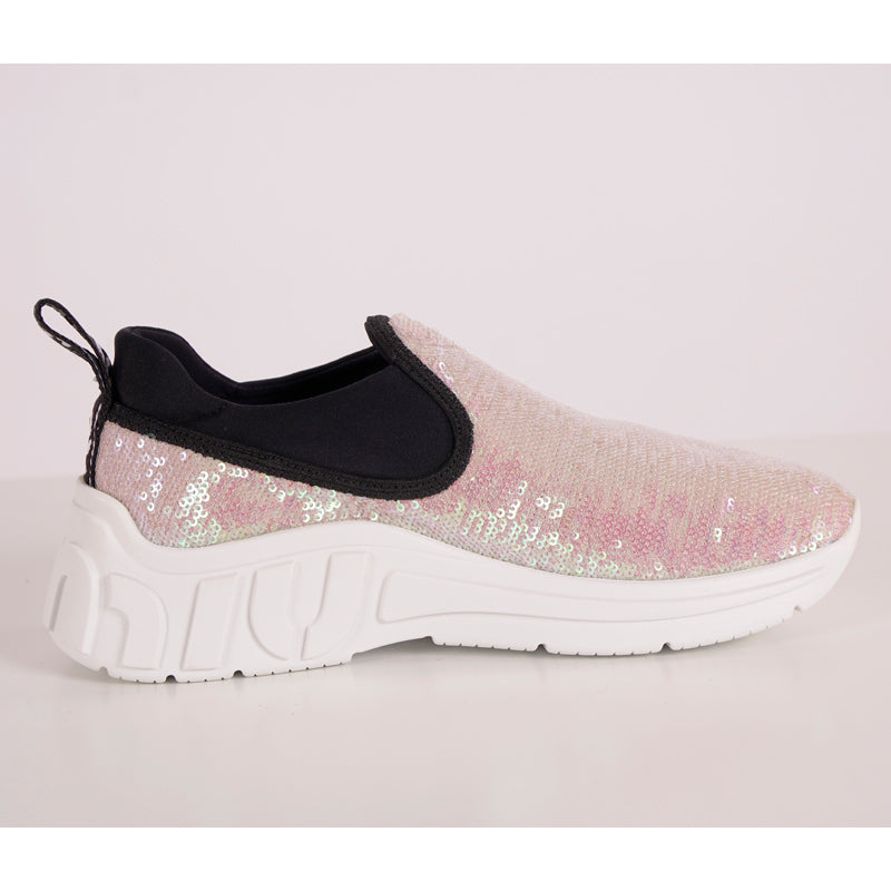 sz 37.5 NEW $925 MIU MIU Pink SEQUIN Neoprene BOLD LOGO HEEL Slip on SNEAKERS