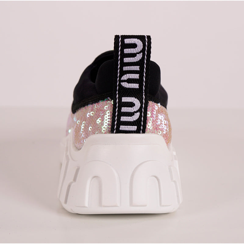 sz 37.5 NEW $925 MIU MIU Pink SEQUIN Neoprene BOLD LOGO HEEL Slip on SNEAKERS