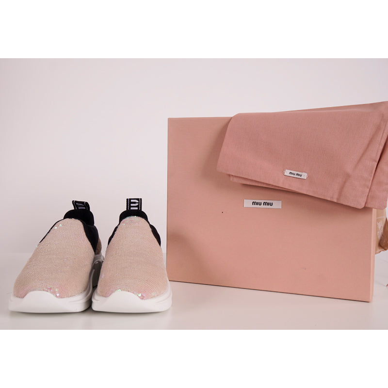 sz 37.5 NEW $925 MIU MIU Pink SEQUIN Neoprene BOLD LOGO HEEL Slip on SNEAKERS