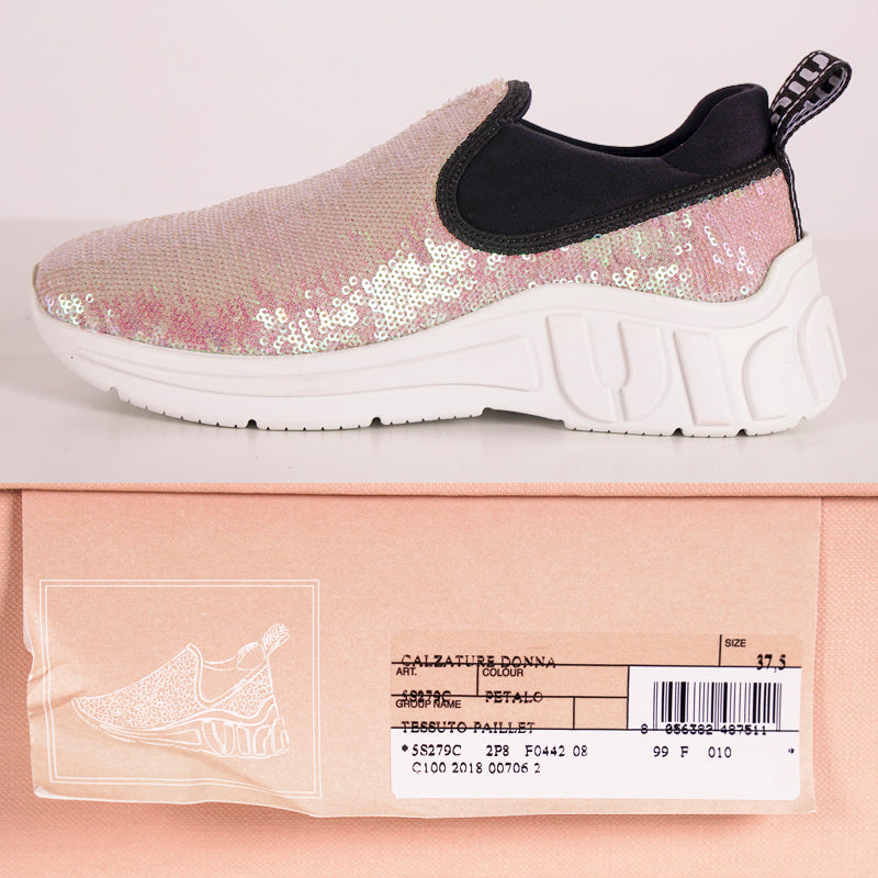 sz 37.5 NEW $925 MIU MIU Pink SEQUIN Neoprene BOLD LOGO HEEL Slip on SNEAKERS