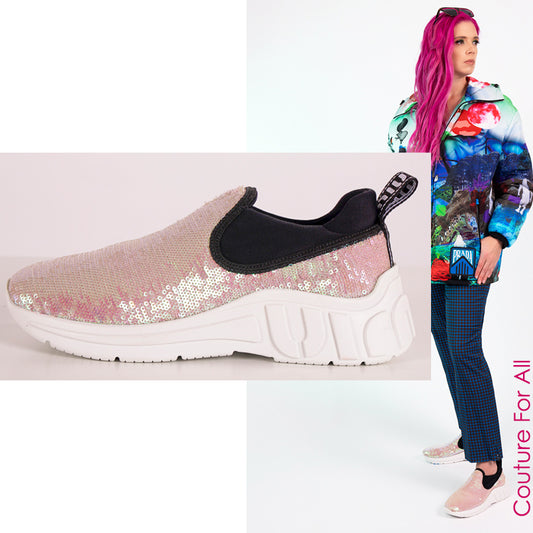 sz 37.5 NEW $925 MIU MIU Pink SEQUIN Neoprene BOLD LOGO HEEL Slip on SNEAKERS