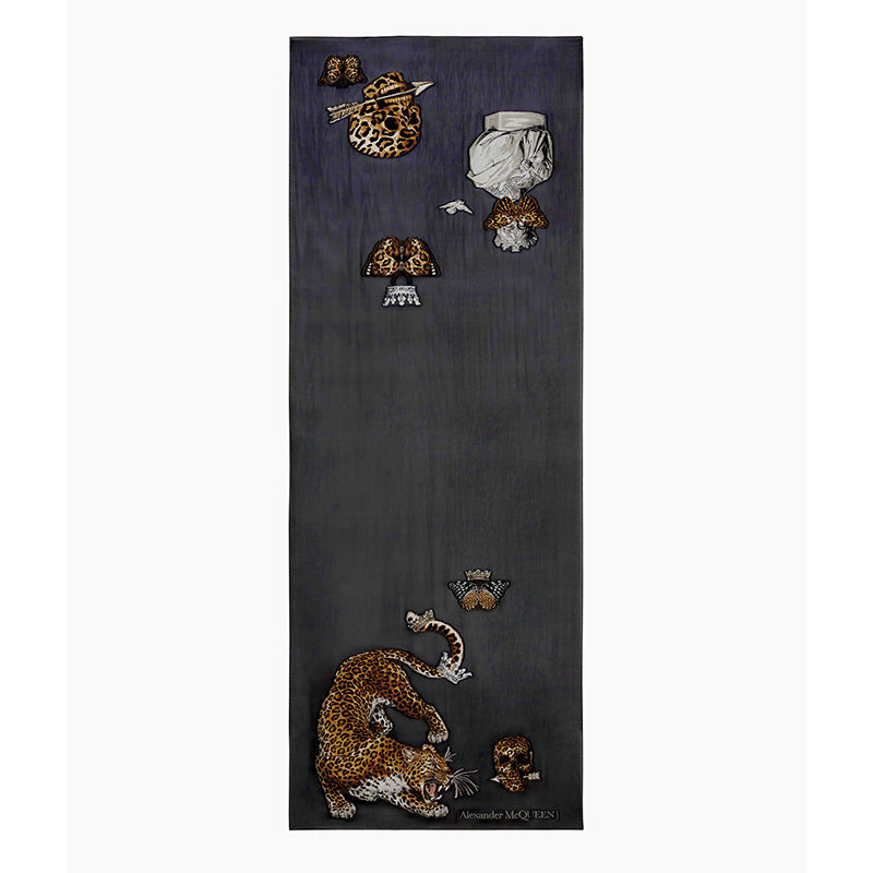 NEW $455 ALEXANDER MCQUEEN Black Sheer REGAL LEOPARD SKULL 70" Long STOLE SCARF