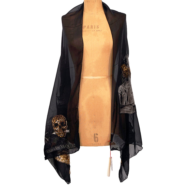 NEW $455 ALEXANDER MCQUEEN Black Sheer REGAL LEOPARD SKULL 70" Long STOLE SCARF