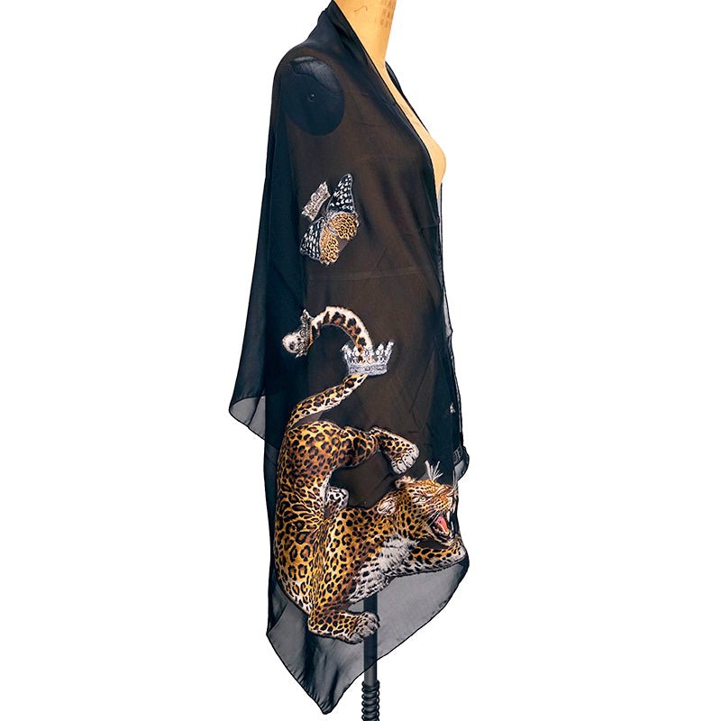 NEW $455 ALEXANDER MCQUEEN Black Sheer REGAL LEOPARD SKULL 70" Long STOLE SCARF