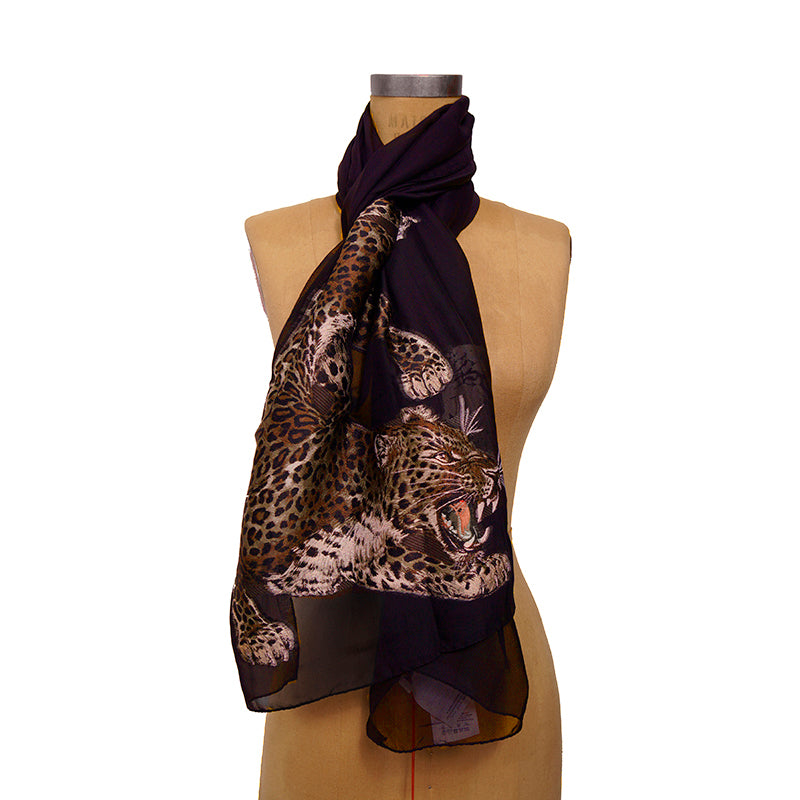 NEW $455 ALEXANDER MCQUEEN Black Sheer REGAL LEOPARD SKULL 70" Long STOLE SCARF
