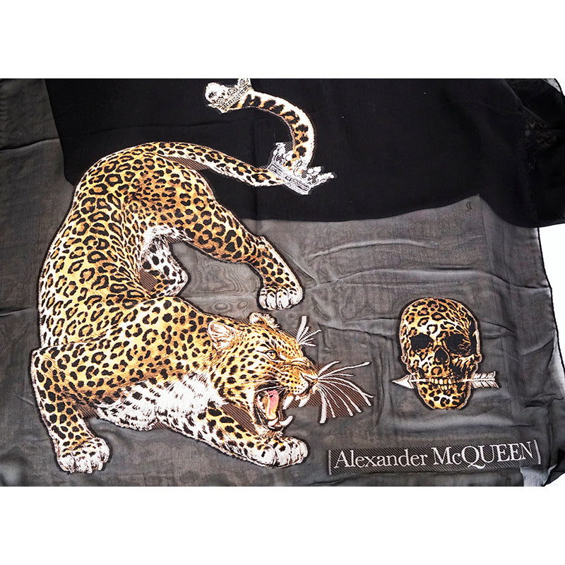 NEW $455 ALEXANDER MCQUEEN Black Sheer REGAL LEOPARD SKULL 70" Long STOLE SCARF