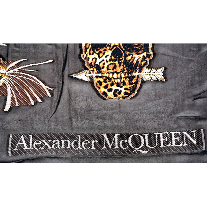 NEW $455 ALEXANDER MCQUEEN Black Sheer REGAL LEOPARD SKULL 70" Long STOLE SCARF