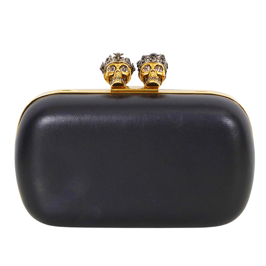 RETIRED $3,990 ALEXANDER MCQUEEN Black Leather KING QUEEN SKULL Clutch BAG STRAP