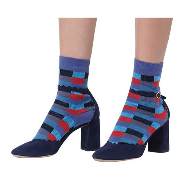 sz XS NEW $390 MIU MIU Women's Blue Red Black Mod Check Cotton Blend CREW SOCKS