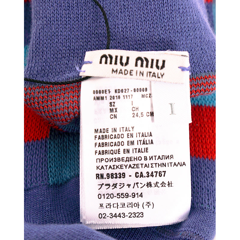 sz XS NEW $390 MIU MIU Women's Blue Red Black Mod Check Cotton Blend CREW SOCKS