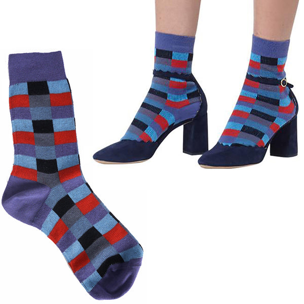 sz XS NEW $390 MIU MIU Women's Blue Red Black Mod Check Cotton Blend CREW SOCKS