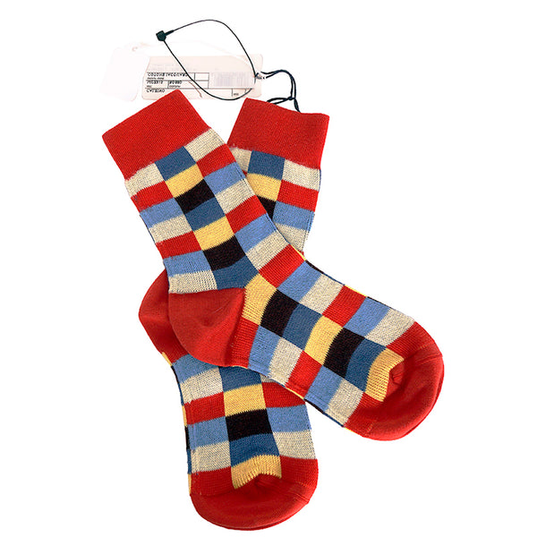 sz XS NEW $390 MIU MIU Women's Red Blue Yellow Checked Cotton Blend CREW SOCKS