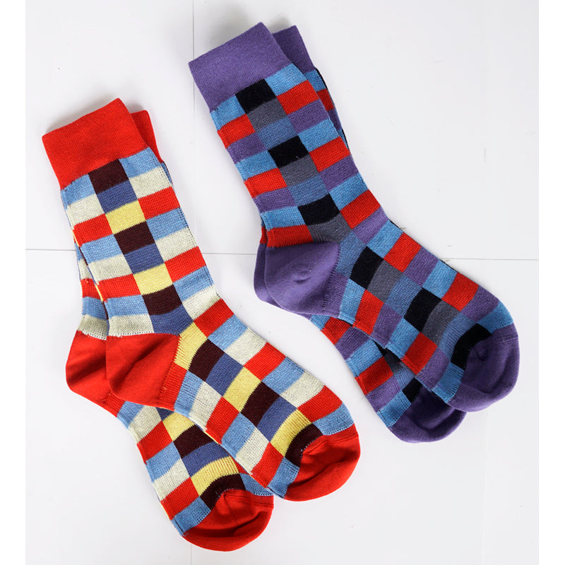 sz XS NEW $390 MIU MIU Women's Red Blue Yellow Checked Cotton Blend CREW SOCKS