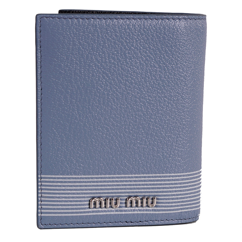 NEW $490 MIU MIU Blue Pebble Leather Madras BLACK CAT LOGO Graphic Bifold WALLET