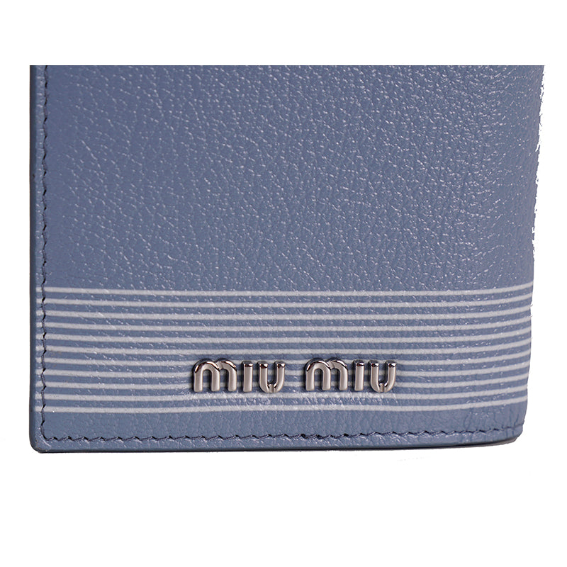 NEW $490 MIU MIU Blue Pebble Leather Madras BLACK CAT LOGO Graphic Bifold WALLET