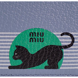 NEW $490 MIU MIU Blue Pebble Leather Madras BLACK CAT LOGO Graphic Bifold WALLET