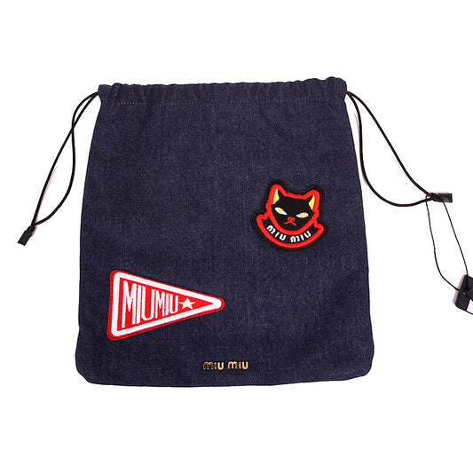 NEW MIU MIU Blue Denim CAT & PENNANT LOGO PATCH Drawstring Small POUCH BAG