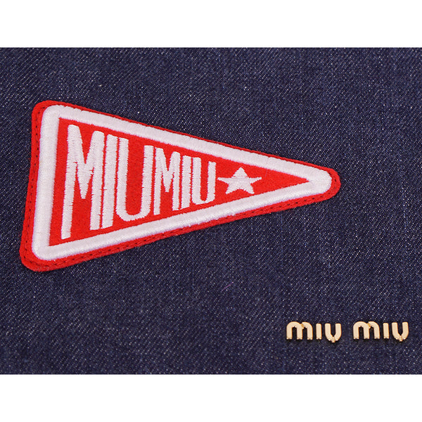 NEW $380 MIU MIU Blue Denim CAT & PENNANT LOGO PATCH Drawstring Small POUCH BAG