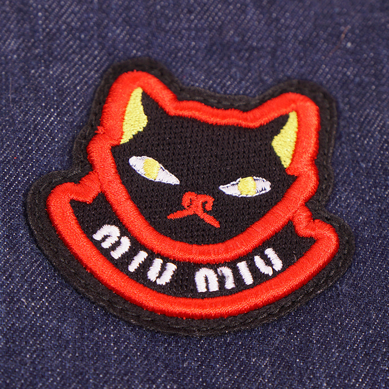NEW MIU MIU Blue Denim CAT & PENNANT LOGO PATCH Drawstring Small POUCH BAG