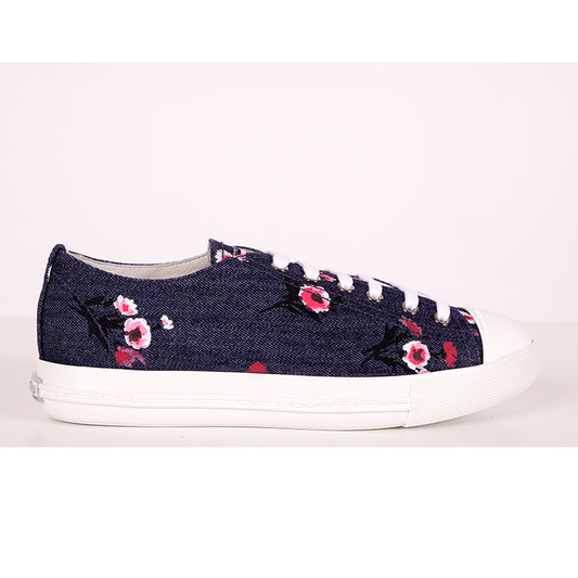 39 NEW $850 MIU MIU Floral Print Denim Blue & White Rubber Toe Low Top Sneakers