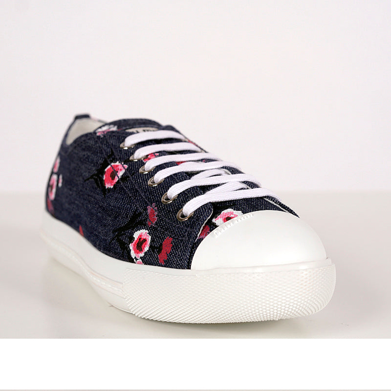 39 NEW $850 MIU MIU Floral Print Denim Blue & White Rubber Toe Low Top Sneakers