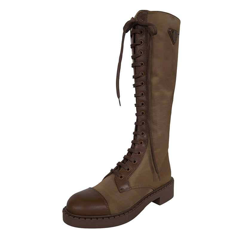 37 NEW $1,990 PRADA Tobacco Re-Nylon Metal Triangle Logo 50mm TALL COMBAT BOOTS