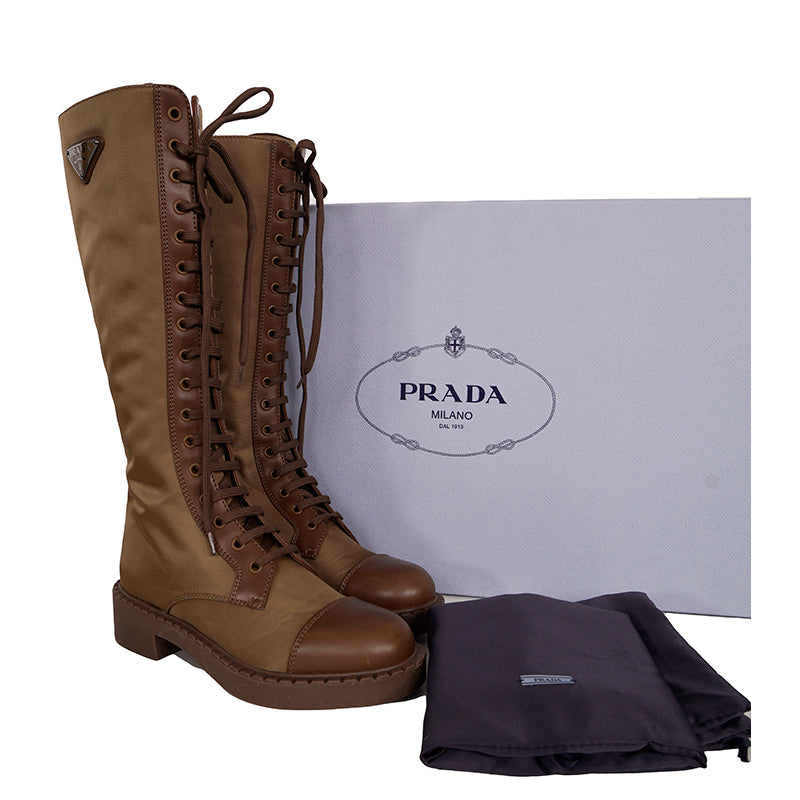 37 NEW $1,990 PRADA Tobacco Re-Nylon Metal Triangle Logo 50mm TALL COMBAT BOOTS