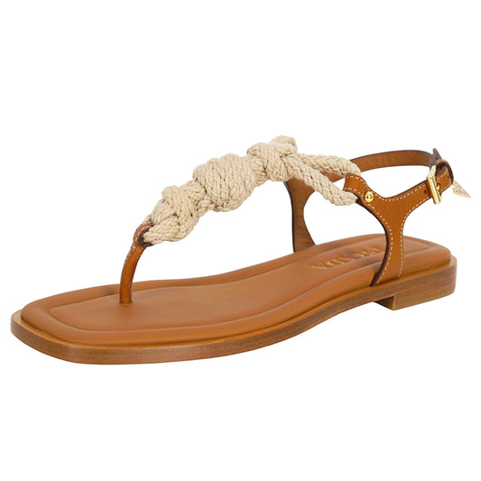 36.5 NEW $1050 PRADA Camel Leather NAUTICAL ROPE LOGO CHARM Thong SANDALS 6.5