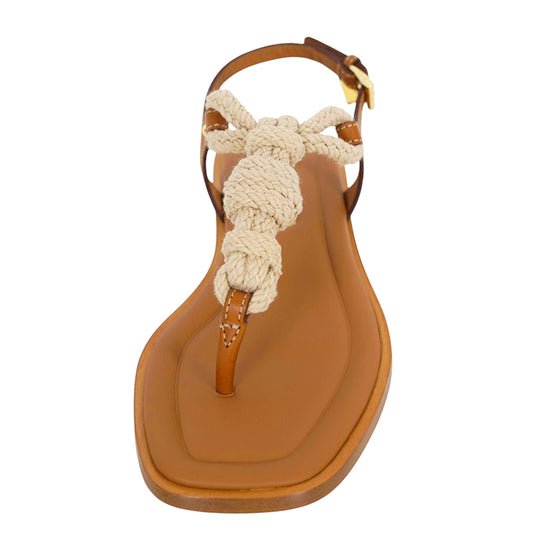 36.5 NEW $1050 PRADA Camel Leather NAUTICAL ROPE LOGO CHARM Thong SANDALS 6.5