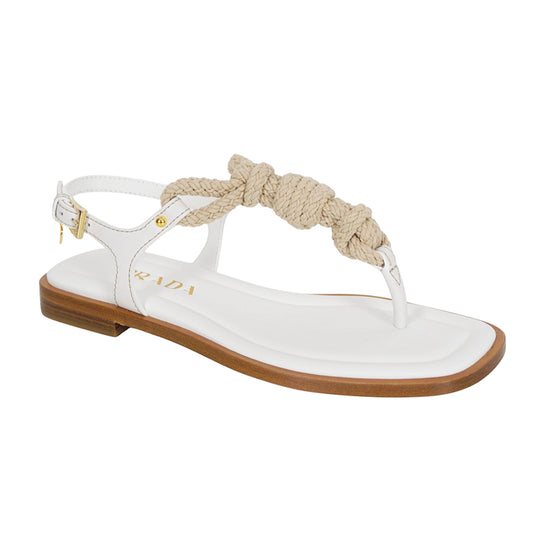 36.5/37 NEW $1050 PRADA White Leather NAUTICAL ROPE LOGO CHARM Thong SANDALS 7 NIB