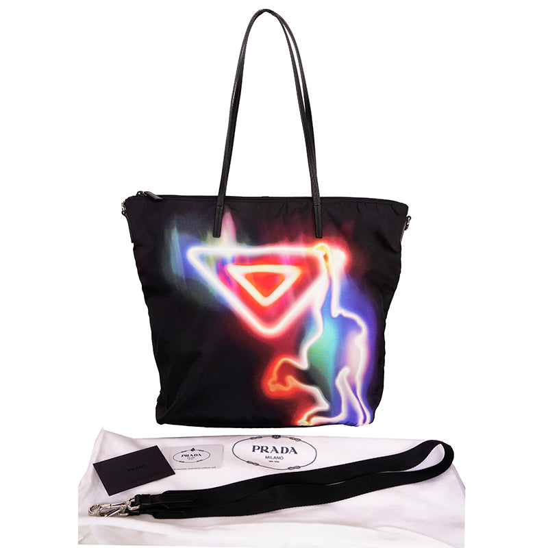 NEW $1795 PRADA Black NEON MONKEY LOGO Nylon CROSSBODY STRAP SHOPPER TOTE BAG