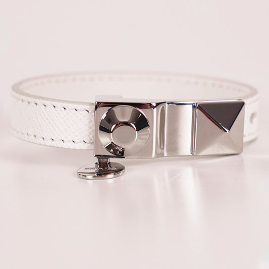 NEW $650 PRADA Woman White Saffiano Leather Stud Accent LOGO Charm BRACELET NIB