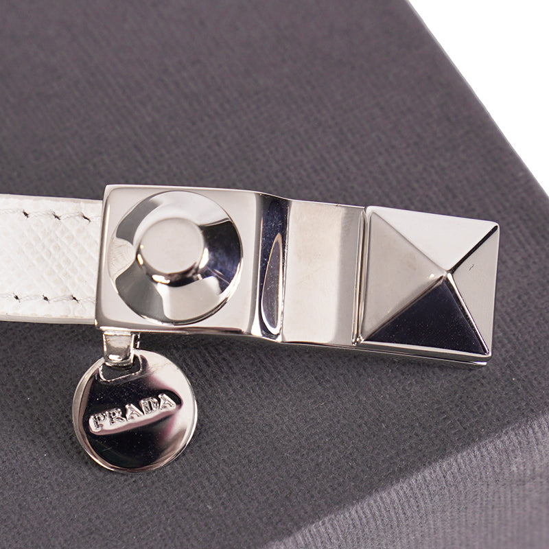 NEW $650 PRADA Woman White Saffiano Leather Stud Accent LOGO Charm BRACELET NIB