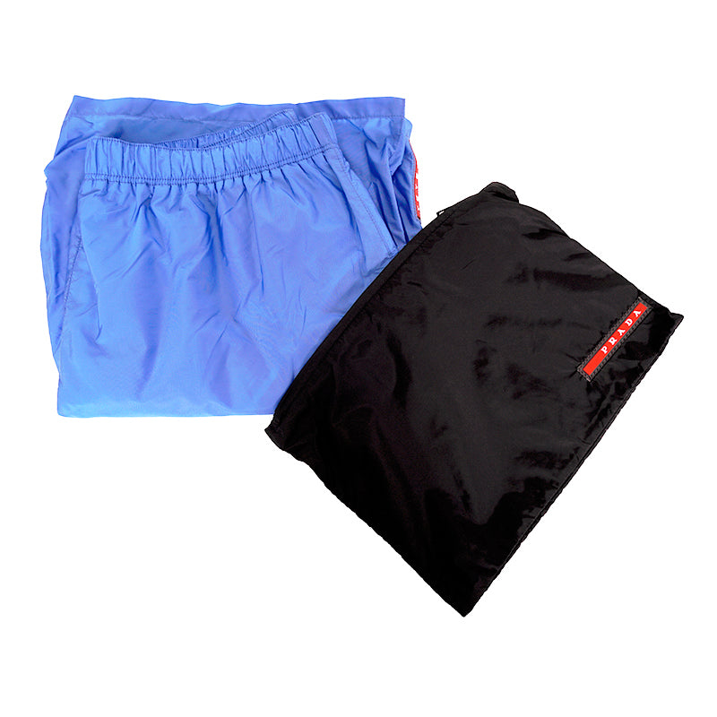 46 NEW $725 PRADA Men Blue Nylon LINE-A LOGO Swim Shorts TRUNKS & TRAVEL POUCH