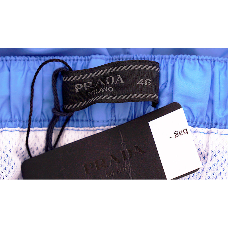 46 NEW $725 PRADA Men Blue Nylon LINE-A LOGO Swim Shorts TRUNKS & TRAVEL POUCH