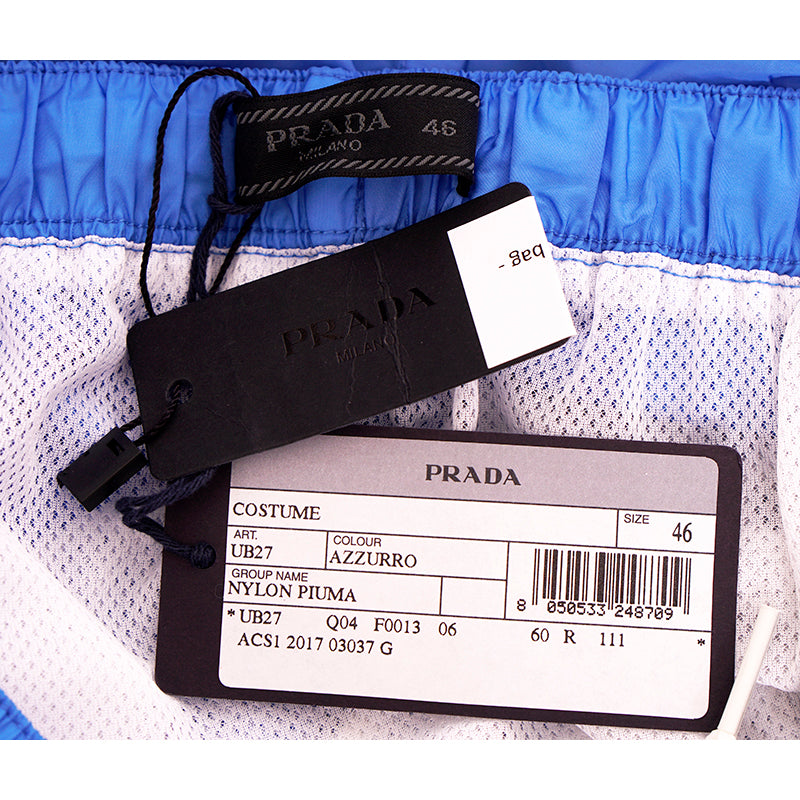 46 NEW $725 PRADA Men Blue Nylon LINE-A LOGO Swim Shorts TRUNKS & TRAVEL POUCH