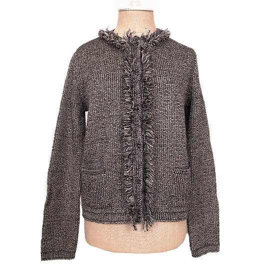 sz 40/46 NEW $1470 PRADA Black White Gray TWEED KNIT Wool Blend Sweater CARDIGAN L