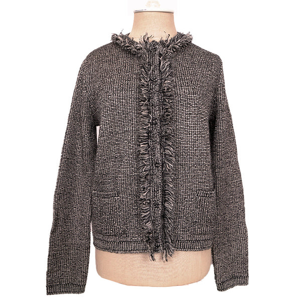 sz 40/46 NEW $1470 PRADA Black White Gray TWEED KNIT Wool Blend Sweater CARDIGAN L