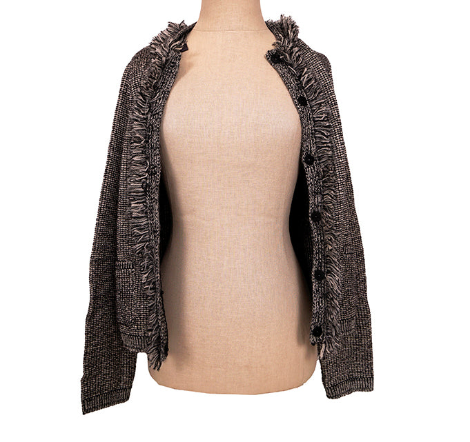 sz 40/46 NEW $1470 PRADA Black White Gray TWEED KNIT Wool Blend Sweater CARDIGAN L