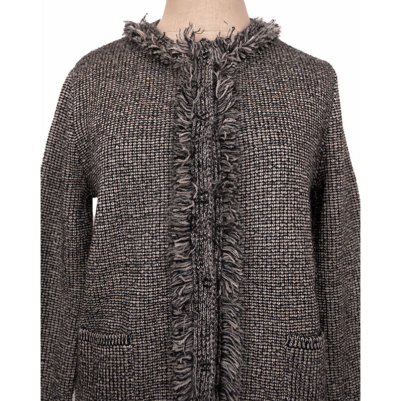 sz 40/46 NEW $1470 PRADA Black White Gray TWEED KNIT Wool Blend Sweater CARDIGAN L