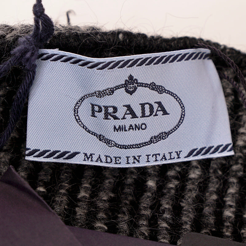 sz 40/46 NEW $1470 PRADA Black White Gray TWEED KNIT Wool Blend Sweater CARDIGAN L